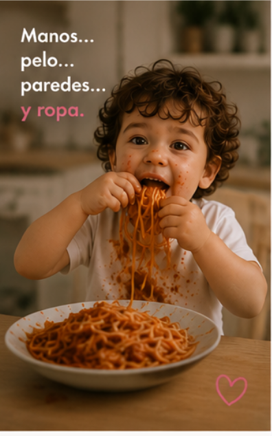 Niño comiendo espaguetis con tomate