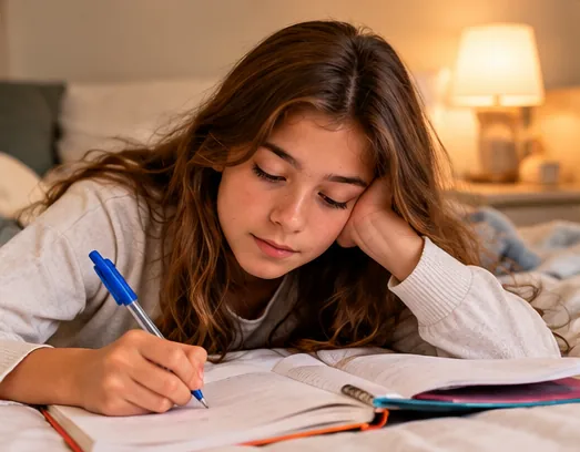 Ilustración de la niña haciendo deberes en la cama