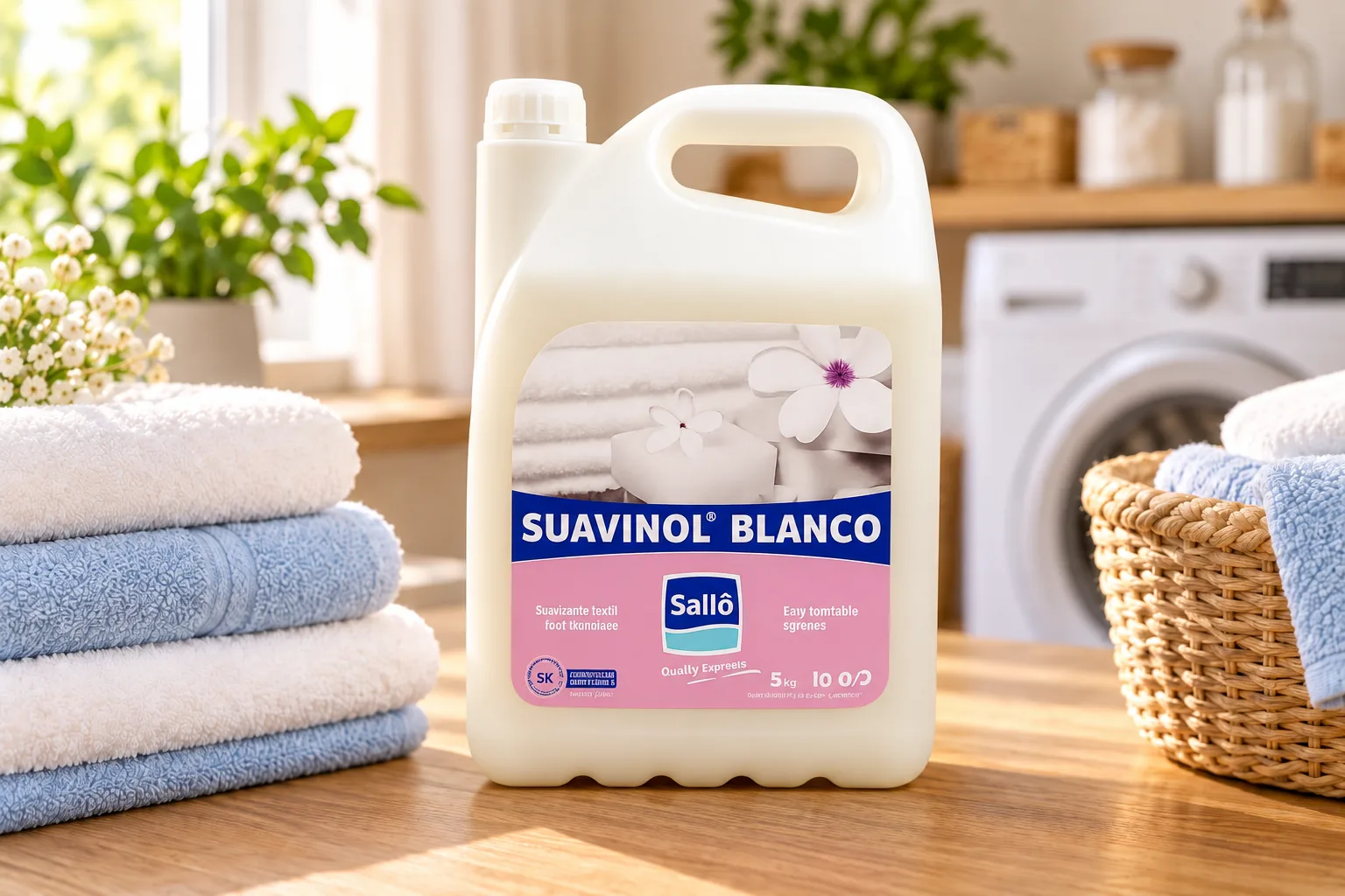 Suavinol Blanco suavizante profesional junto a ropa limpia en un entorno de hogar