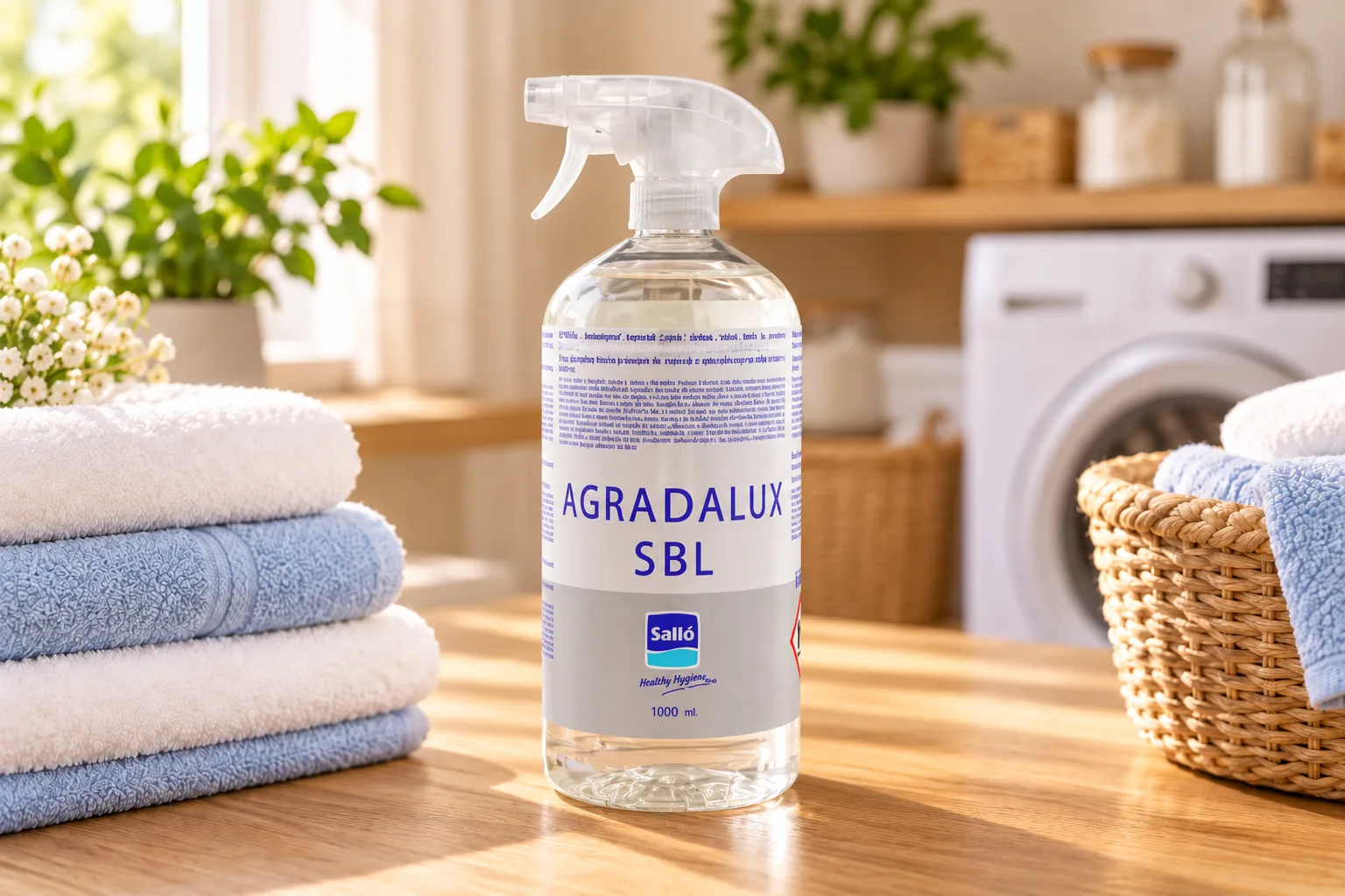 Agradalux SBL ambientador textil en spray junto a ropa limpia en un entorno de hogar